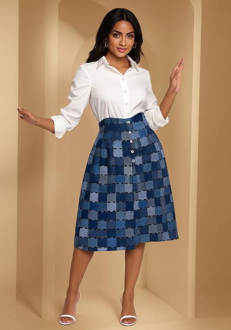 Blue Patchwork Cotton Denim Skirt