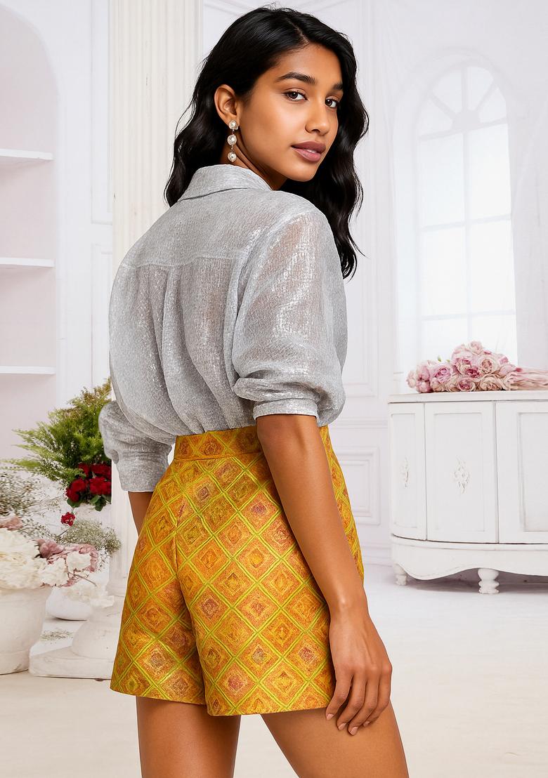 Yellow Jacquard  Shorts - Indya