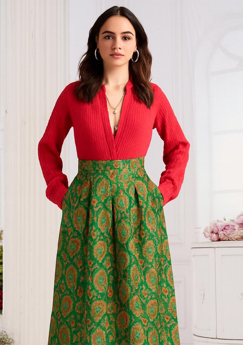 Green Jacquard  Skirt - Indya