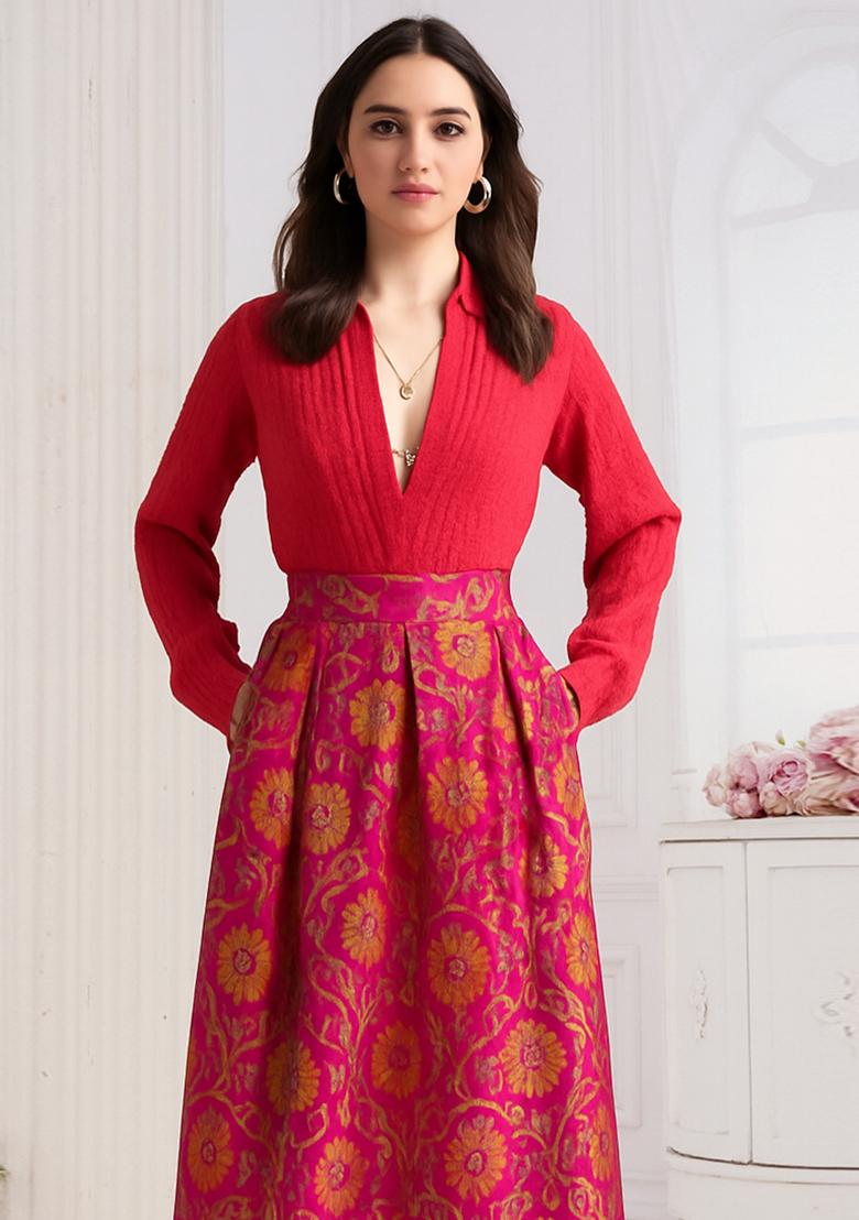 Magenta Pink Jacquard  Skirt - Indya