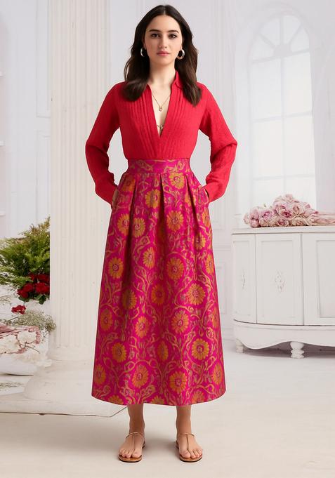 Magenta Pink Brocade  Skirt