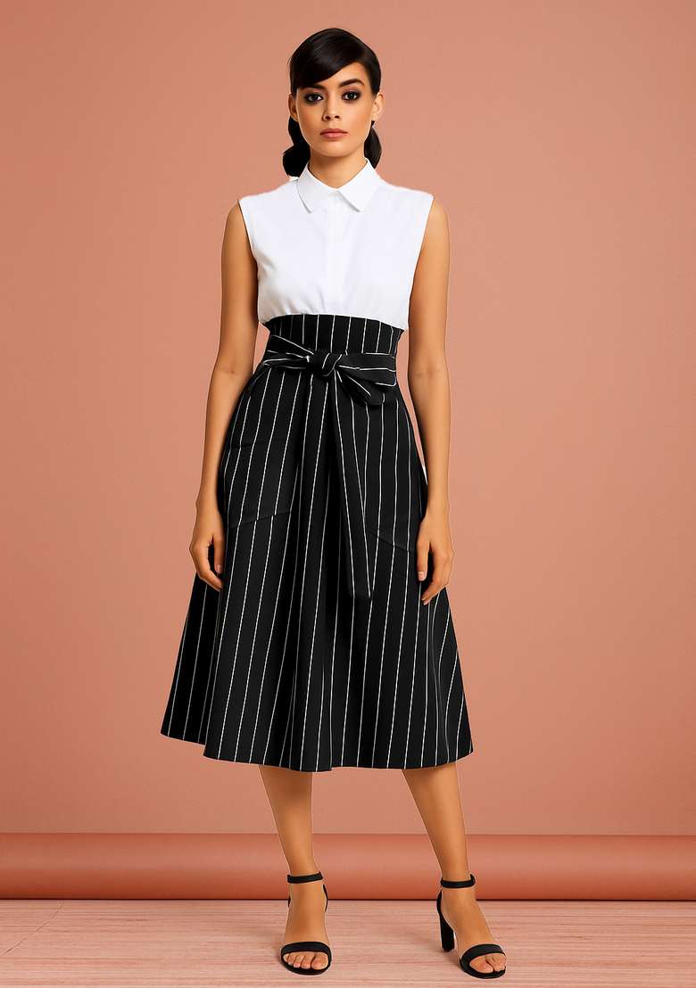 Black Striped Cotton Denim Skirt - Indya