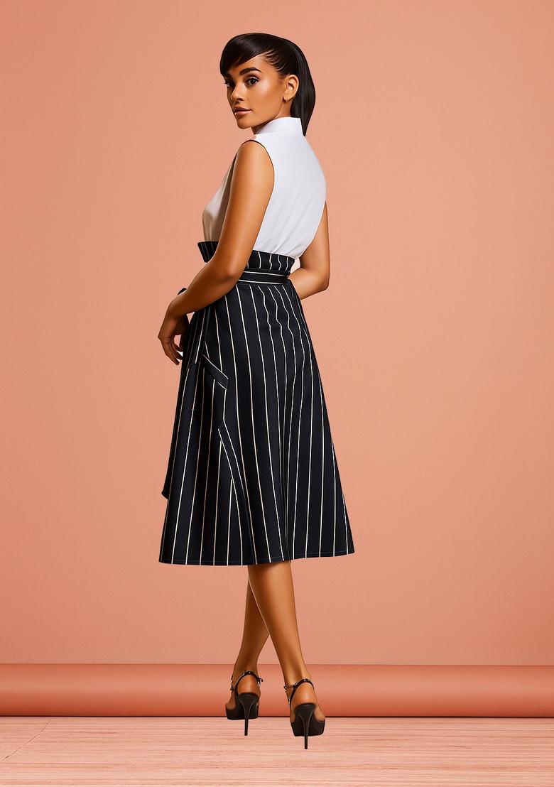 Black Striped Cotton Denim Skirt - Indya
