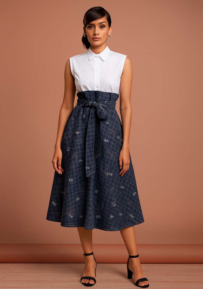 Dark Grey Jacquard Cotton Denim Skirt for Diwali and Festive Wear - Indya