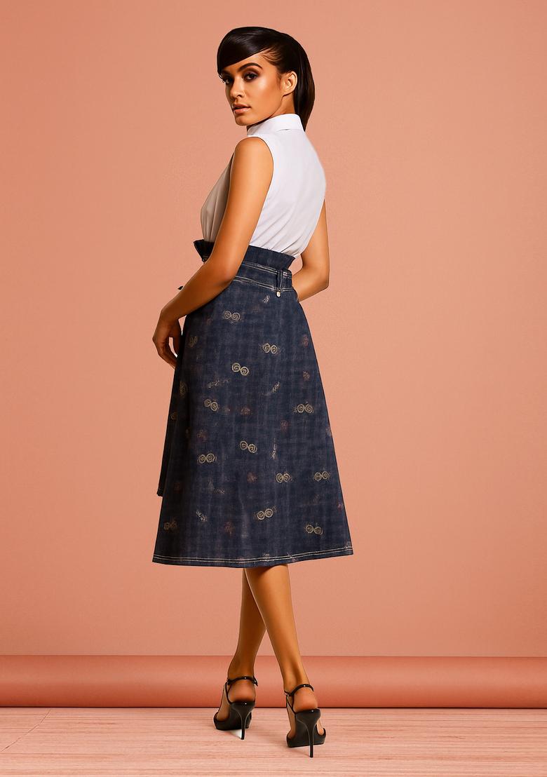 Dark Grey Jacquard Cotton Denim Skirt - Indya