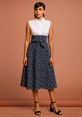 Blue Jacquard Cotton Denim Skirt
