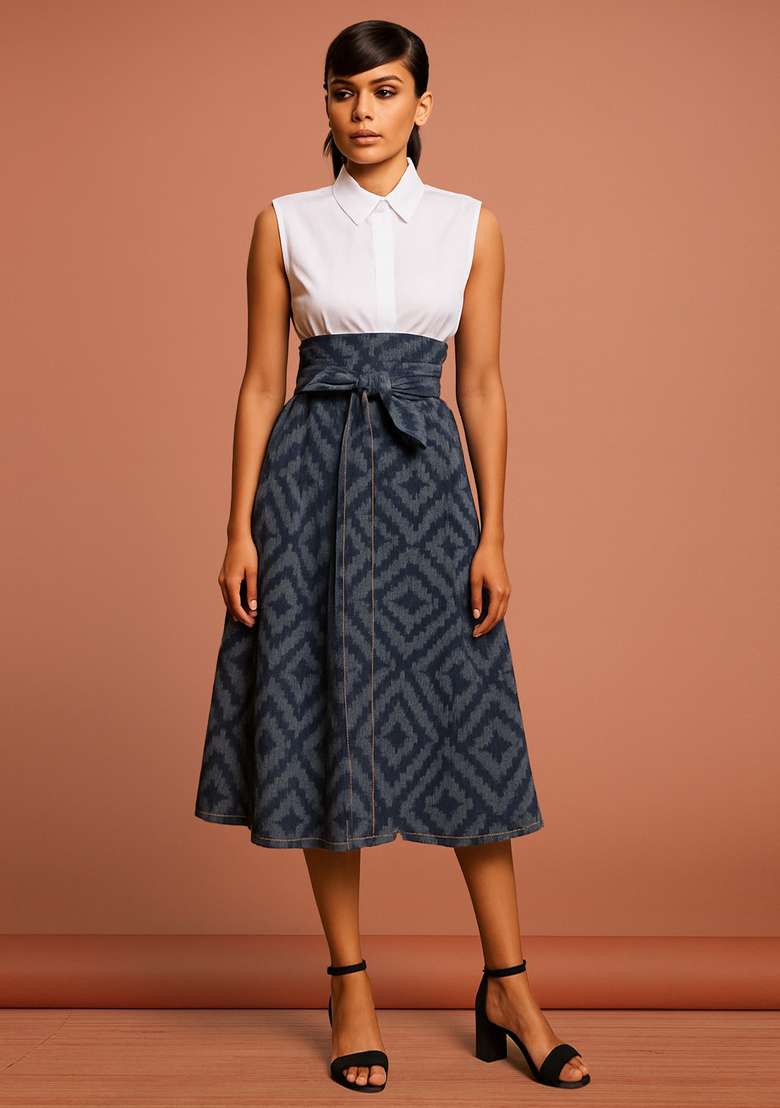 Blue Jacquard Cotton Denim Skirt for Diwali | Wedding & Festive Wear - Indya