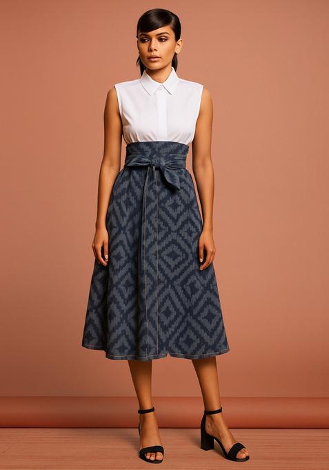 Blue Jacquard Cotton Denim Skirt