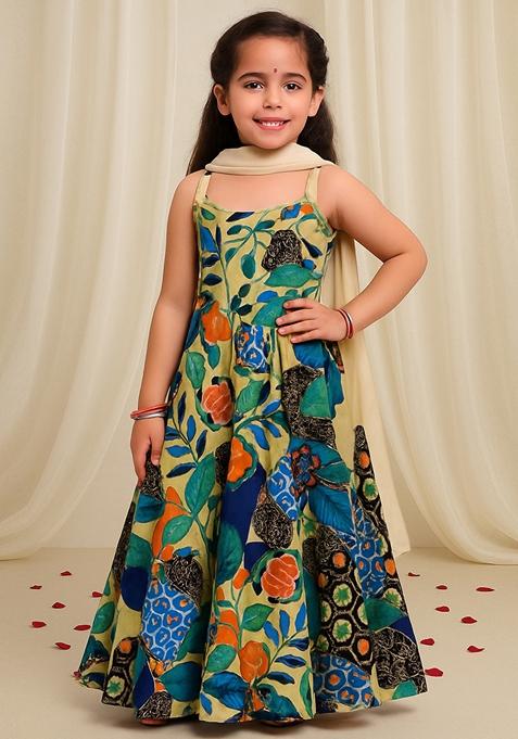 Girls Light Olive Green Georgette Printed Kurta Set