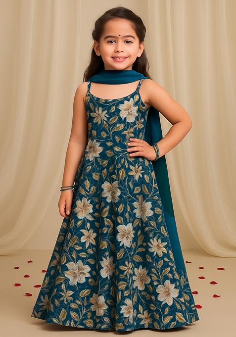 Girls Dark Teal Georgette Printed Kurta Set