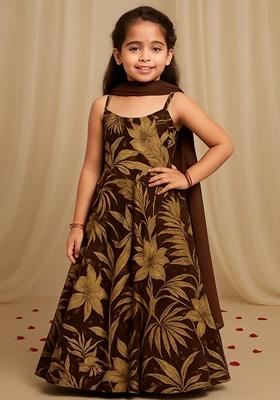 Girls Brown Georgette&nbsp;Printed Kurta Set