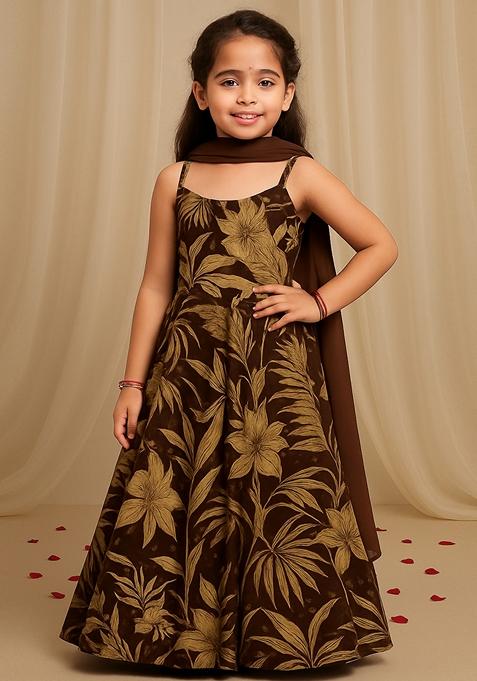 Girls Brown Georgette Printed Kurta Set