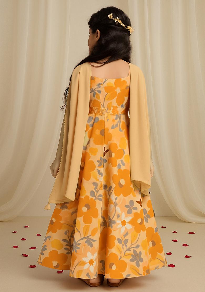 Girls Yellow Georgette Printed Kurta Set - Indya