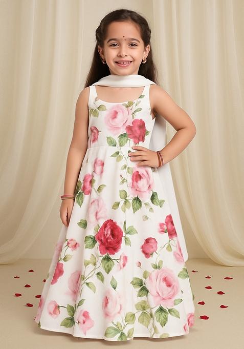 Girls White Georgette Printed Kurta Set