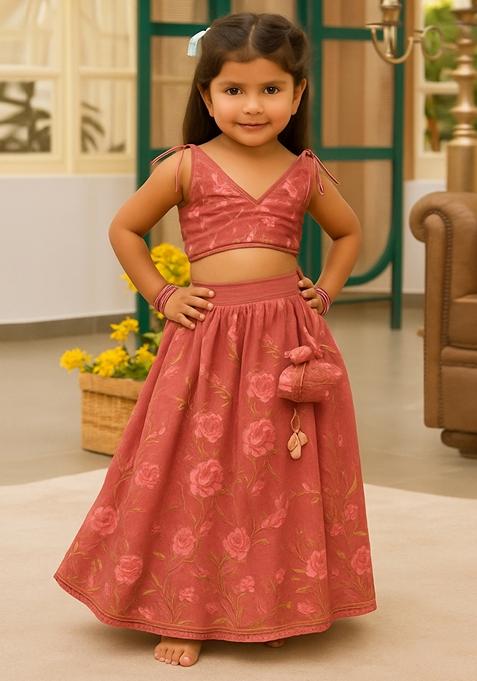 Girls Pink Silk Embroidered Lehenga Set — view on Indya