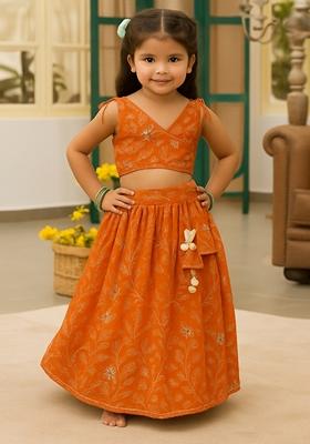 Girls Orange Slub Silk Embroidered Lehenga Set