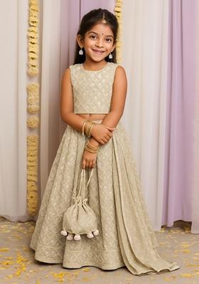 Girls Beige Georgette Embroidered Lehenga Set