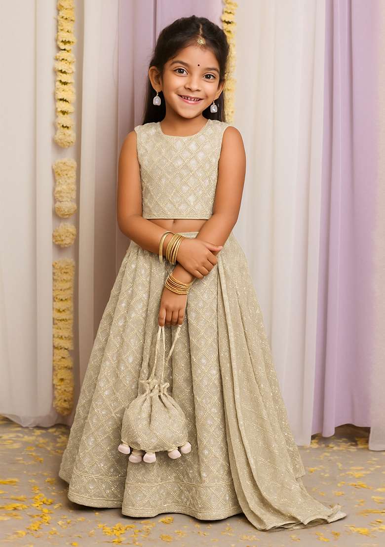 Girls Beige Georgette Embroidered Lehenga Set - Indya