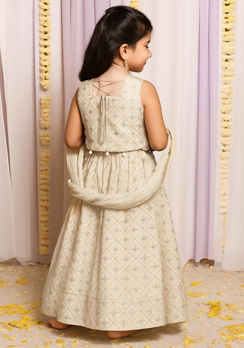 Girls Beige Georgette Embroidered Lehenga Set - Indya