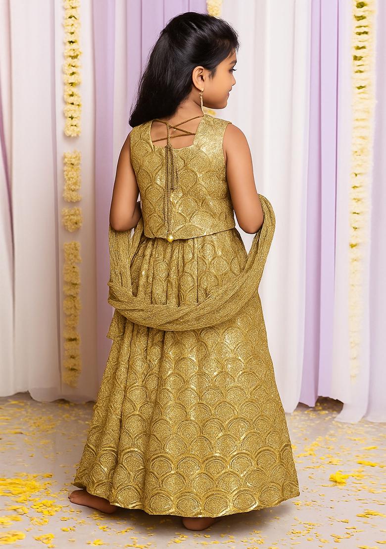 Girls Gold Georgette Embroidered Lehenga Set - Indya