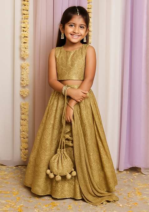 Girls Gold Georgette Embroidered Lehenga Set