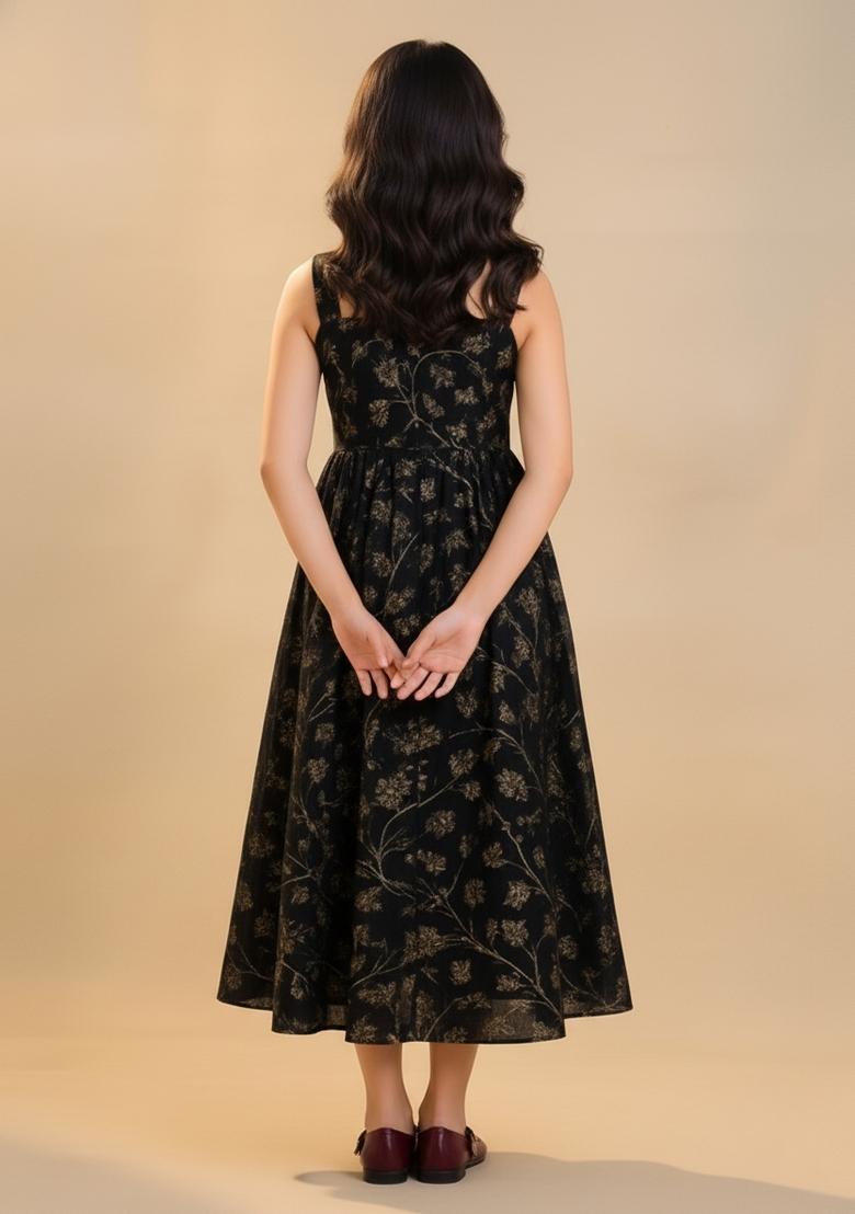 Girls Black Jacquard Brocade Dress - Indya