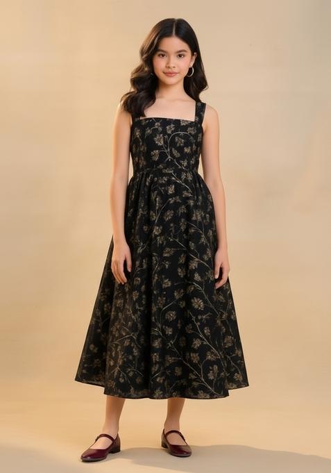 Girls Black Jacquard Brocade Dress