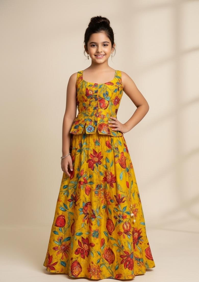 Girls Yellow Embroidered Organza Lehenga Set