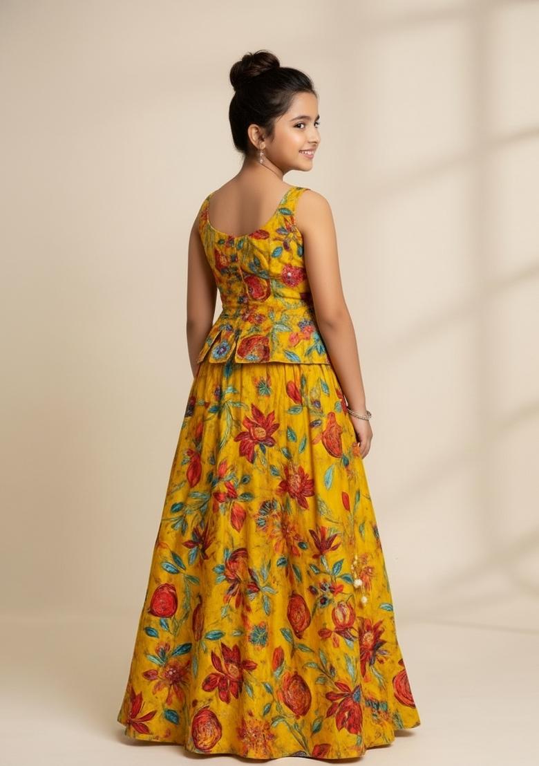 Girls Yellow Embroidered Organza Lehenga Set - Indya
