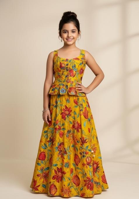 Girls Yellow Embroidered Organza Lehenga Set