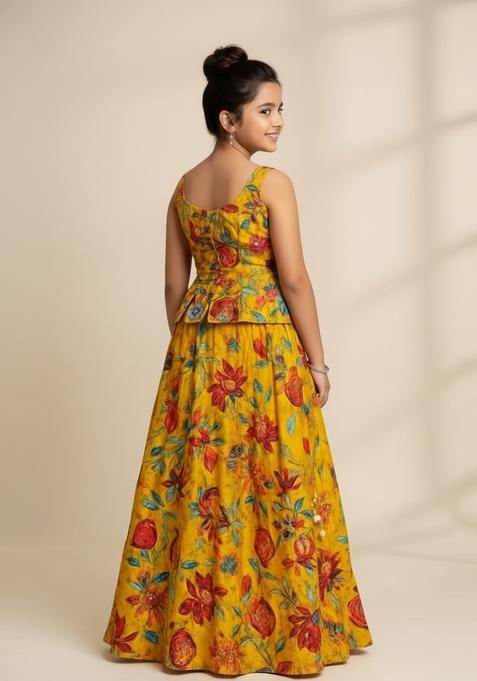 Girls Yellow Embroidered Organza Lehenga Set