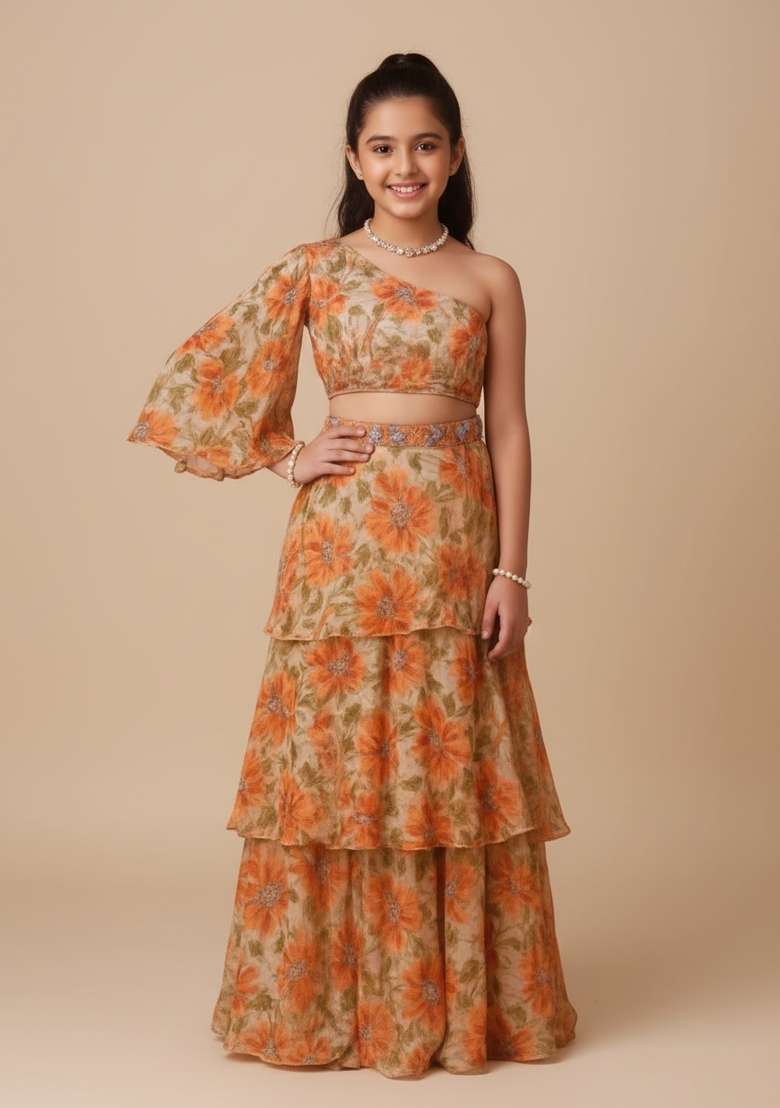 Girls Orange Printed Tissue Fusion Set - Indya
