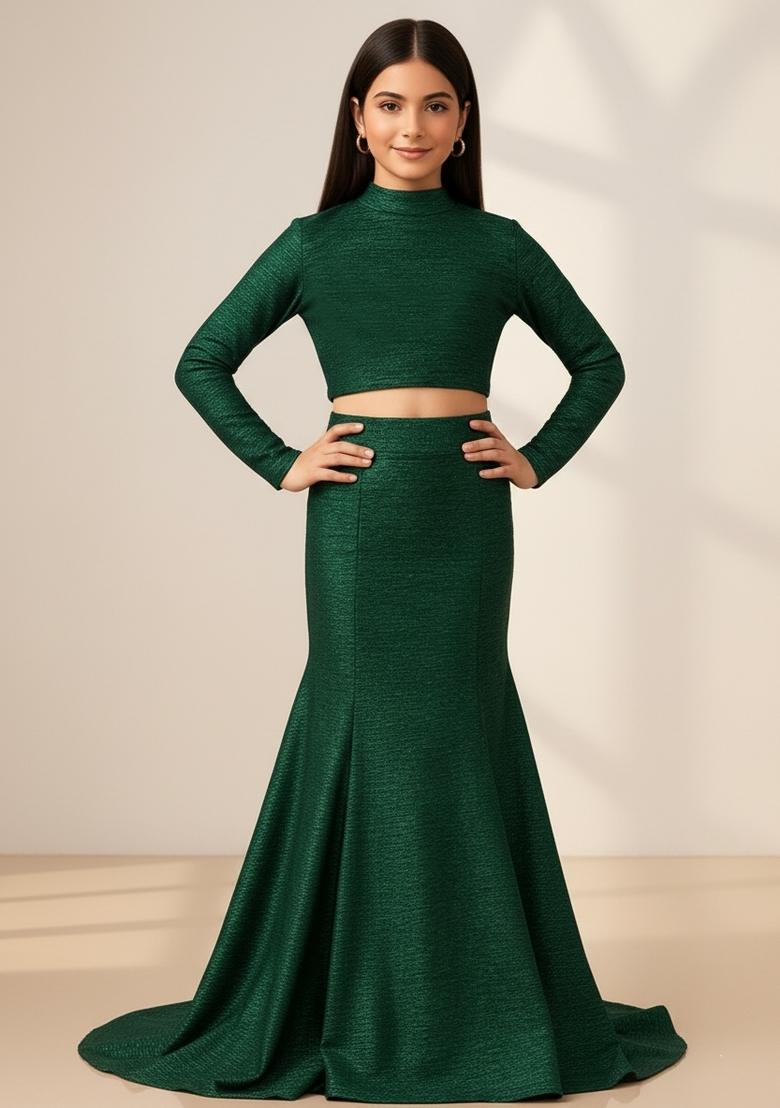 Girls Bottle Green Self Design Blouse Polyester Fusion Set