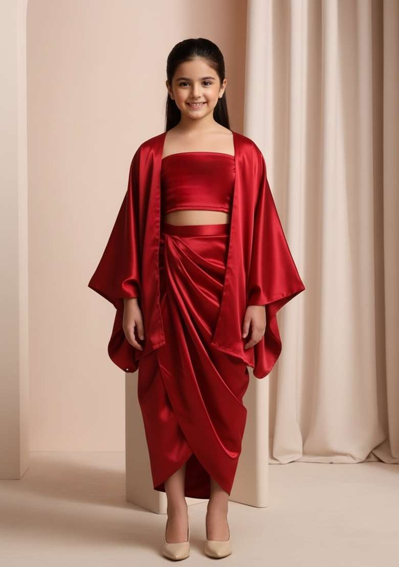 Girls Maroon Solid Tissue Fusion Set - Indya