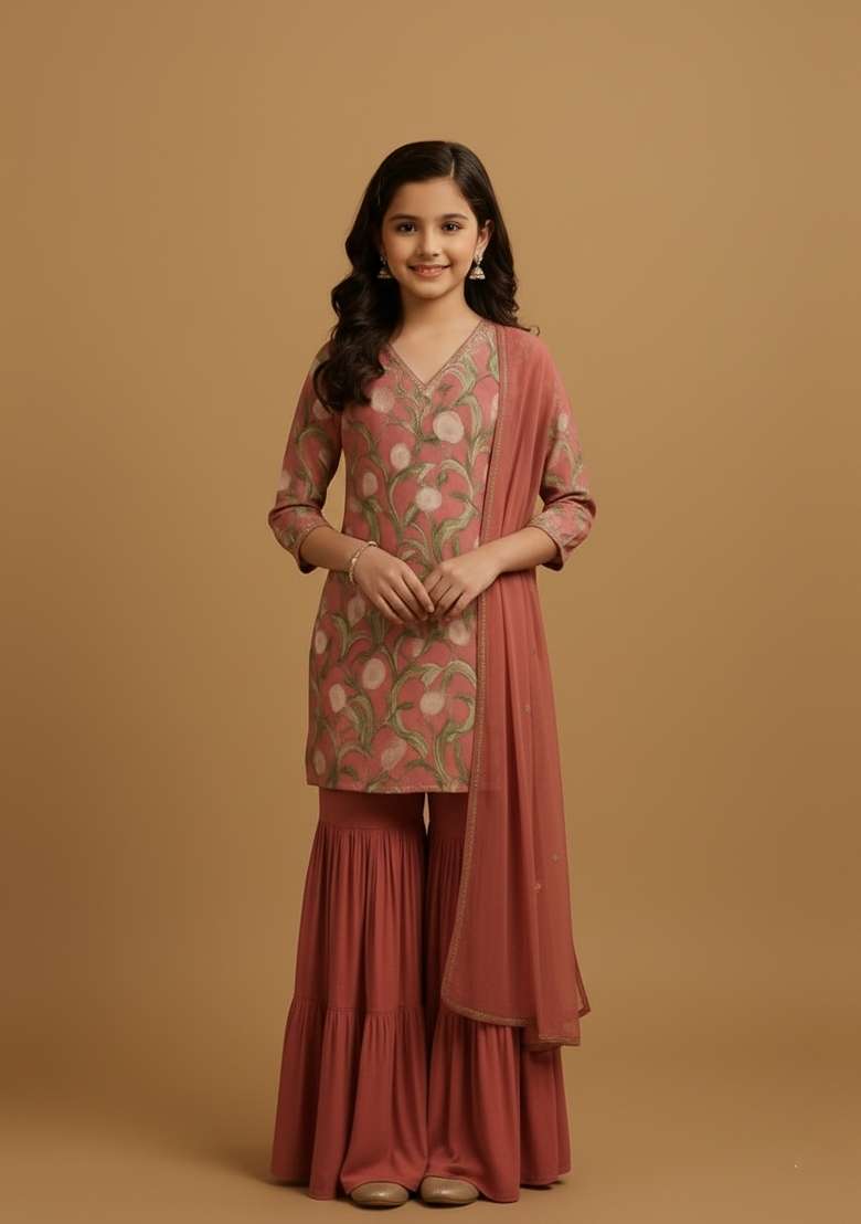Girls Peach Printed Chiffon Kurta Set - Indya