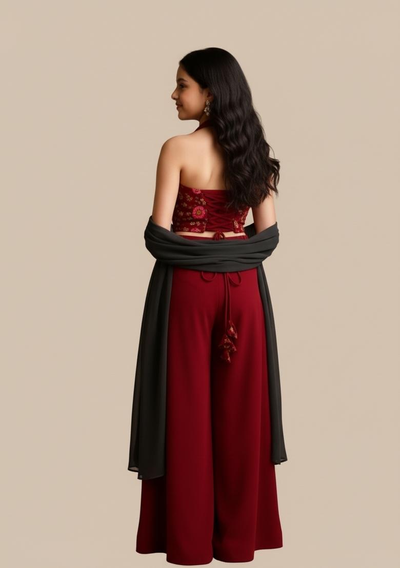 Girls Maroon Sequin Embroidered Georgette Kurta Set - Indya