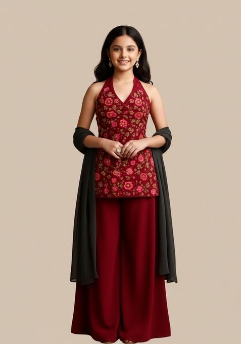 Girls Maroon Sequin Embroidered Georgette Kurta Set