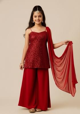 Girls Maroon Sequin Embellished Net Kurta Set