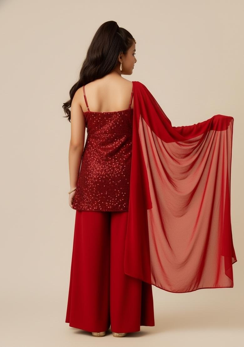 Girls Maroon Sequin Embellished Net Kurta Set - Indya