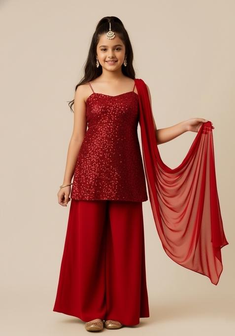 Girls Maroon Sequin Embellished Net Kurta Set
