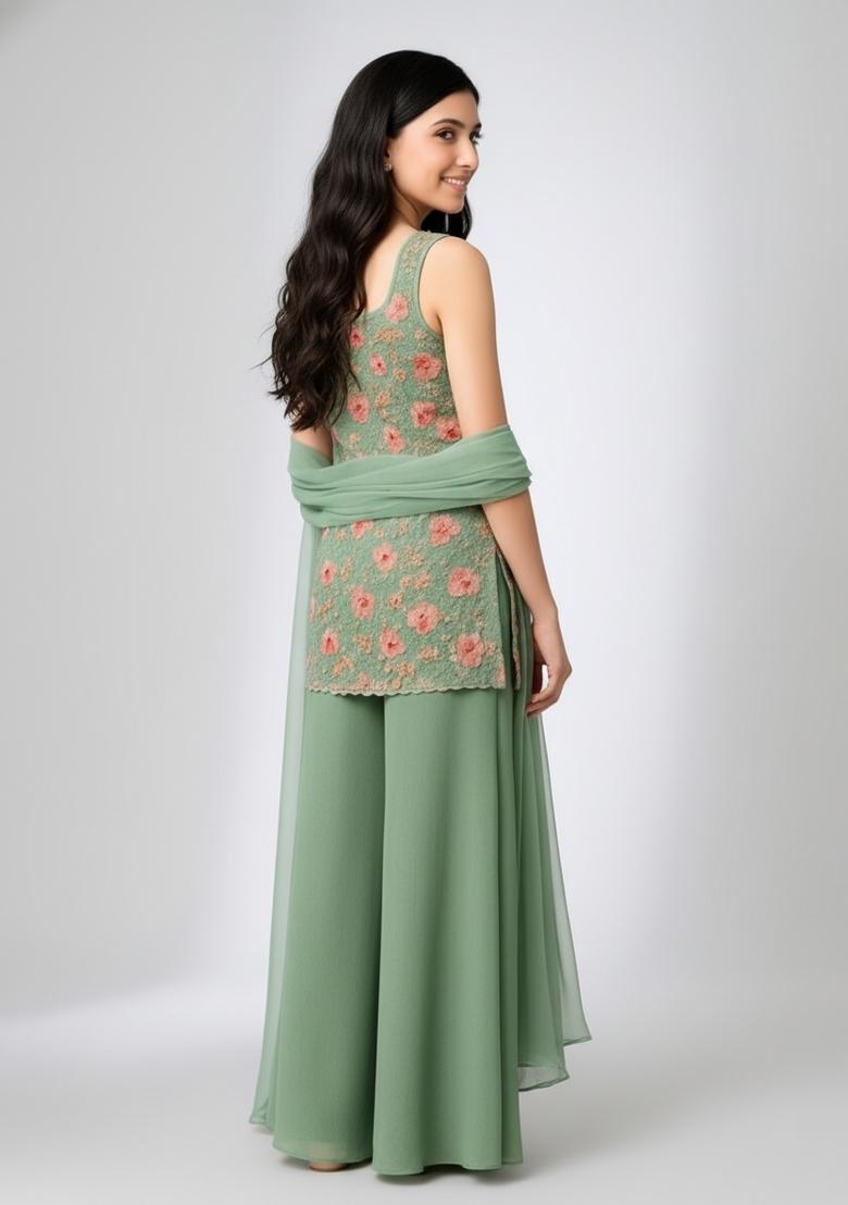 Girls Pista Green Embroidered Net Kurta Set - Indya