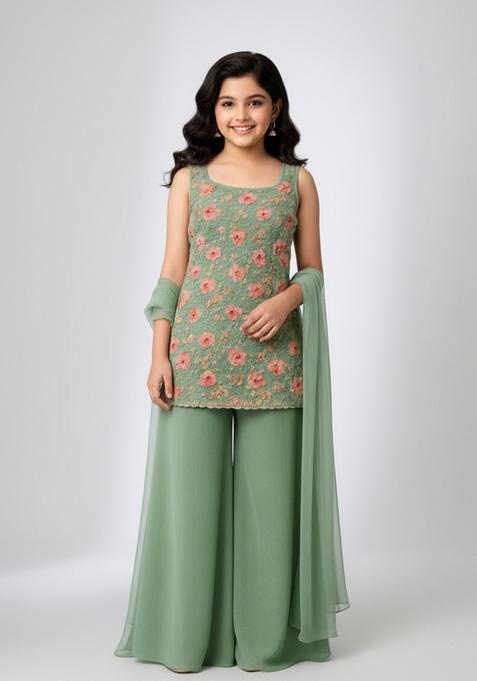Girls Pista Green Embroidered Net Kurta Set
