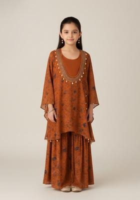 Girls Brown Printed Crepe Sharara Set