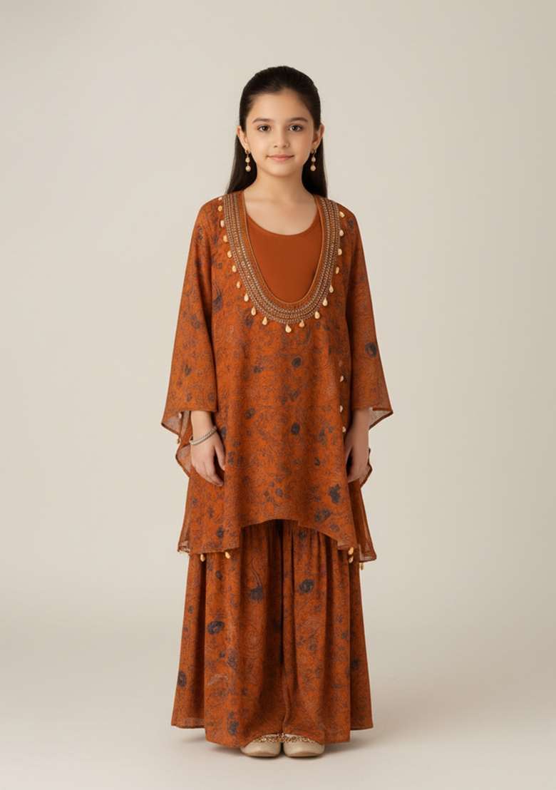 Girls Brown Printed Crepe Sharara Set - Indya