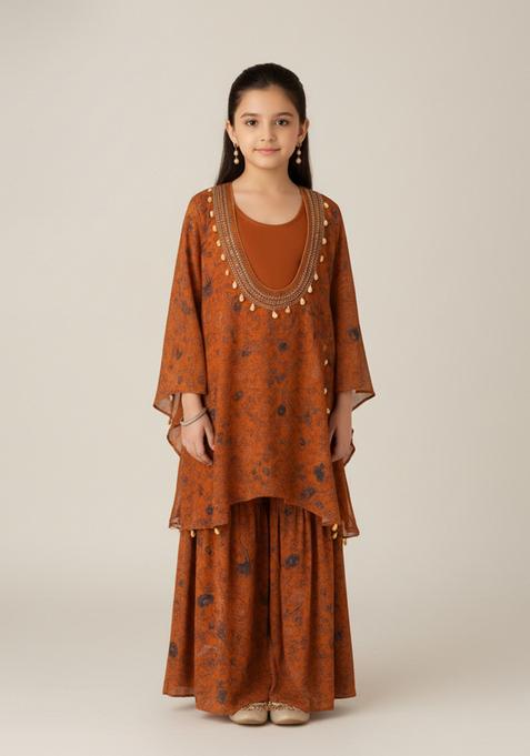 Girls Brown Printed Crepe Sharara Set