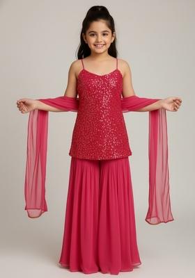Girls Pink Sequence Embroidery Georgette Sharara Set
