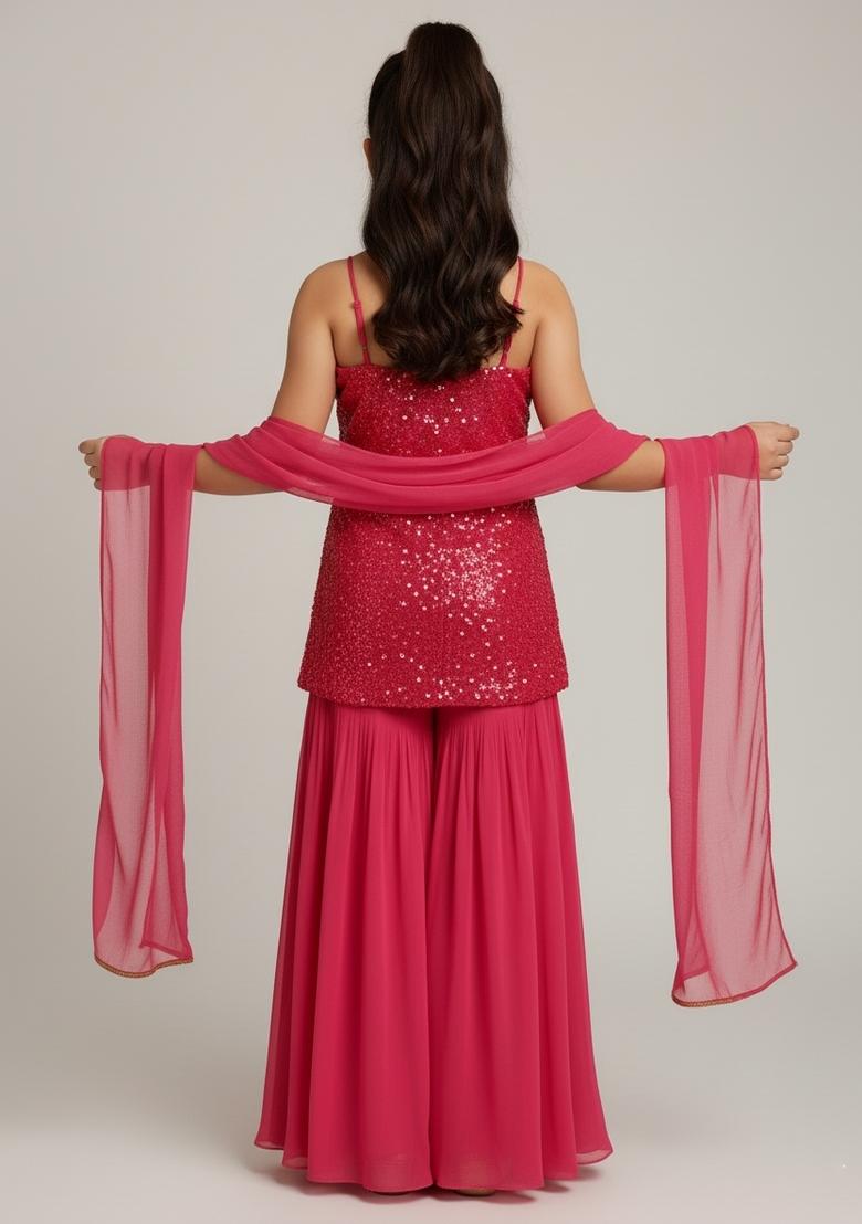 Girls Pink Sequence Embroidery Georgette Sharara Set - Indya
