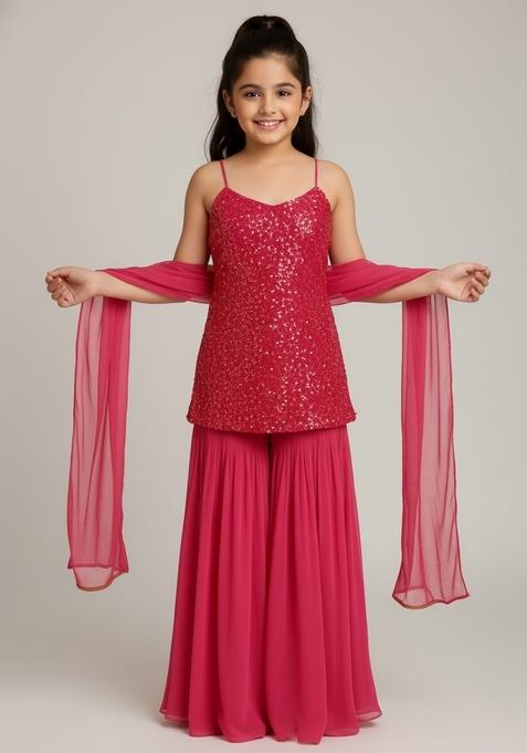 Girls Pink Sequence Embroidery Georgette Sharara Set