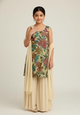 Girls Cream Embroidered Organza Sharara Set