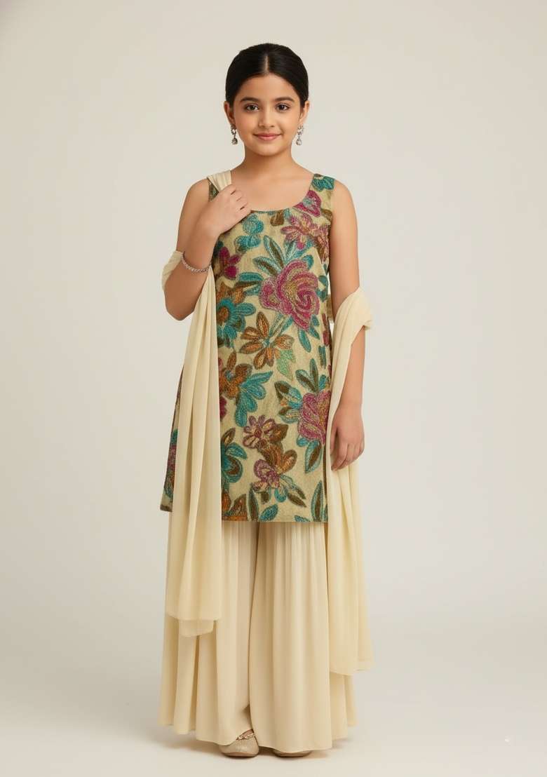 Girls Cream Embroidered Organza Sharara Set - Indya